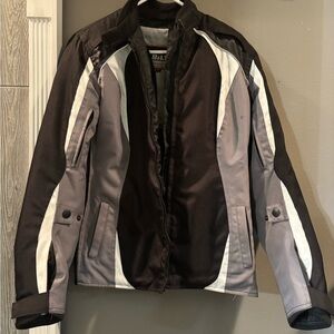 Women's Black and Gray motorcycle jacket with pads.